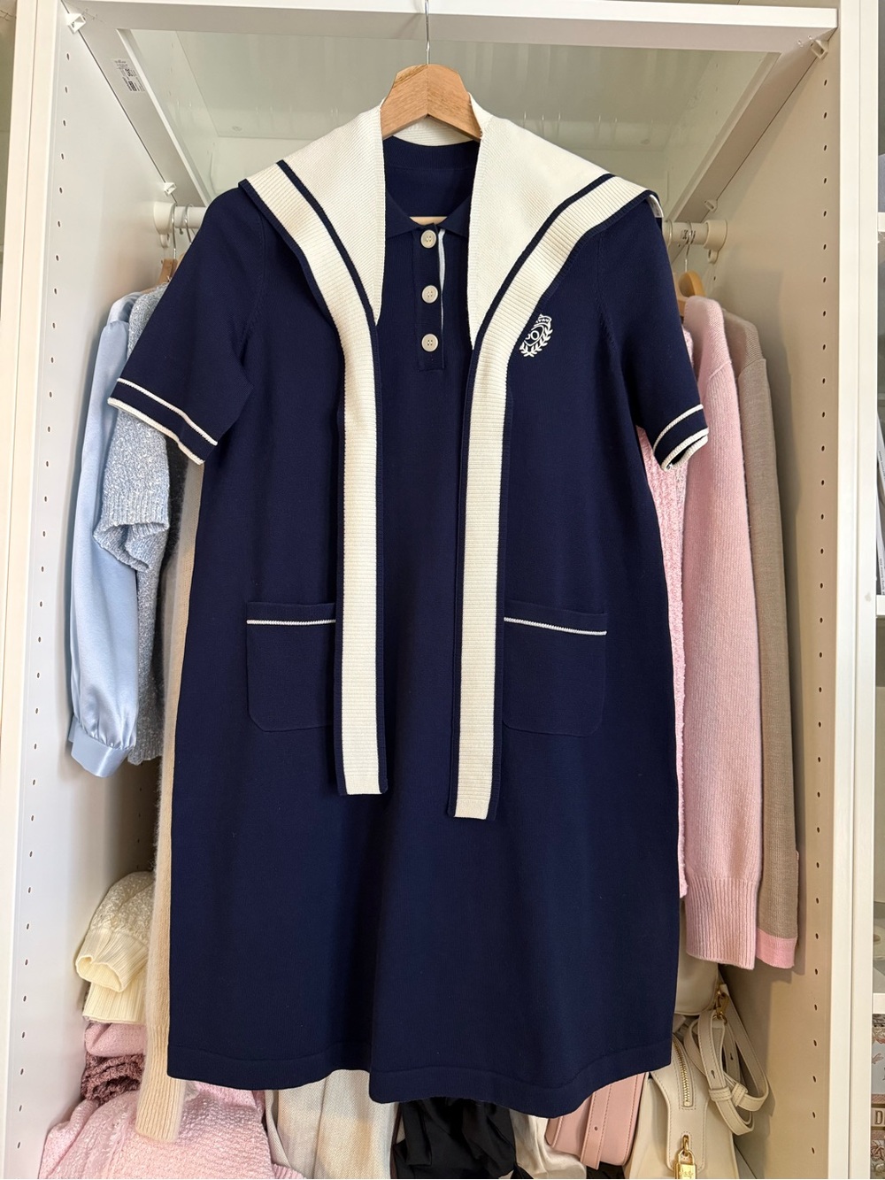 Navy Polo Knit Dress with a Detachable Contrast Scarf